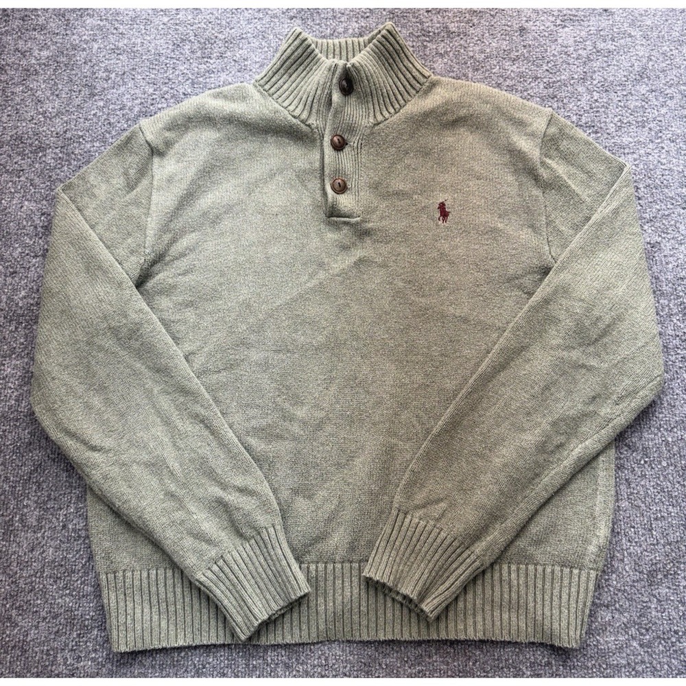 Polo Ralph Lauren 3 Button Pullover Cotton Classic Olive Gr Sweater Size M